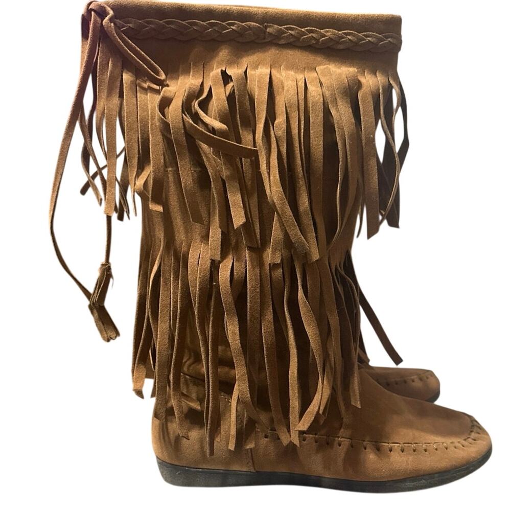 Rampage Linsey buck tan faux suede 2-layer fringe moccasin Western Boots Size 6